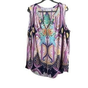 Rose + Olive Purple Paisley Sleeveless Blouse Plus Size 3X Split V-Neck Boho Top